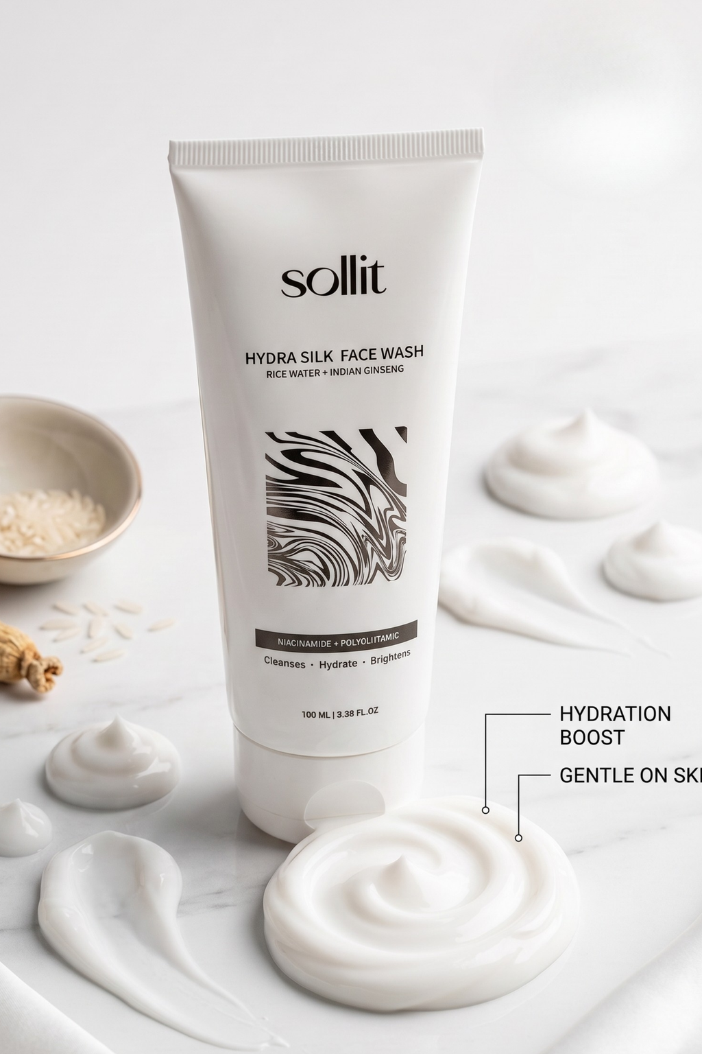 Sollit Hydra Silk Face Wash with Rice Water & Indian Ginseng | Niacinamide + Polyglutamic Acid Face Cleanser | Hydrating & Brightening Face Wash | 100ml