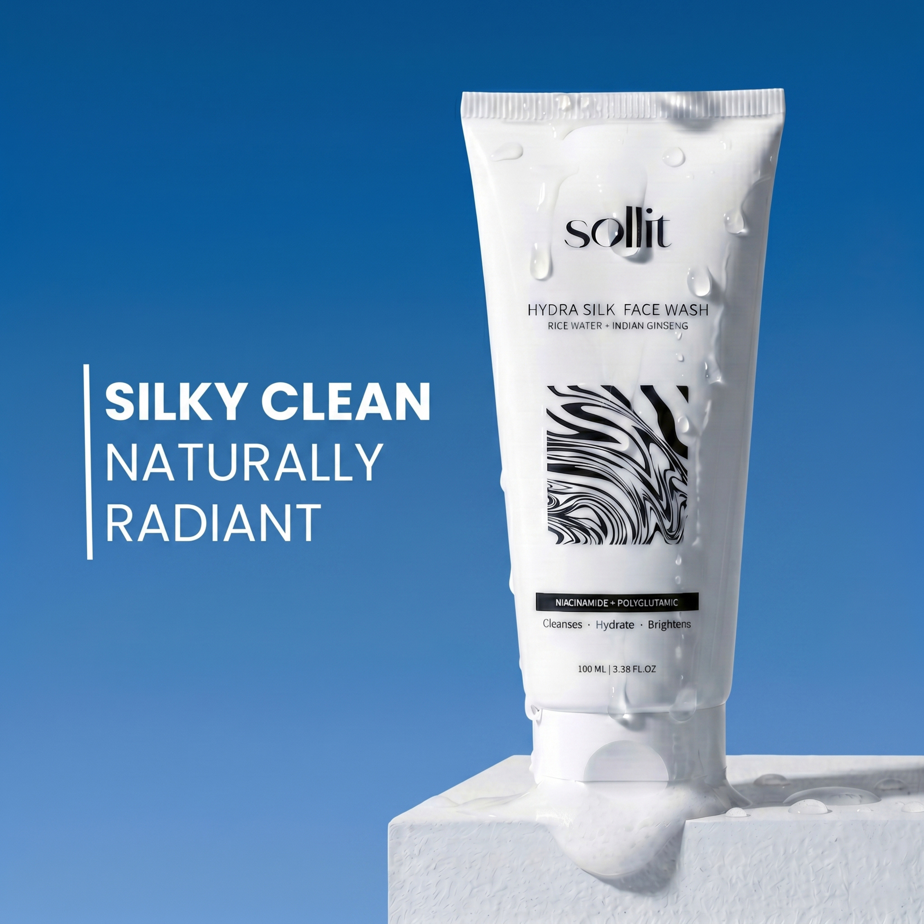 Sollit Hydra Silk Face Wash with Rice Water & Indian Ginseng | Niacinamide + Polyglutamic Acid Face Cleanser | Hydrating & Brightening Face Wash | 100ml