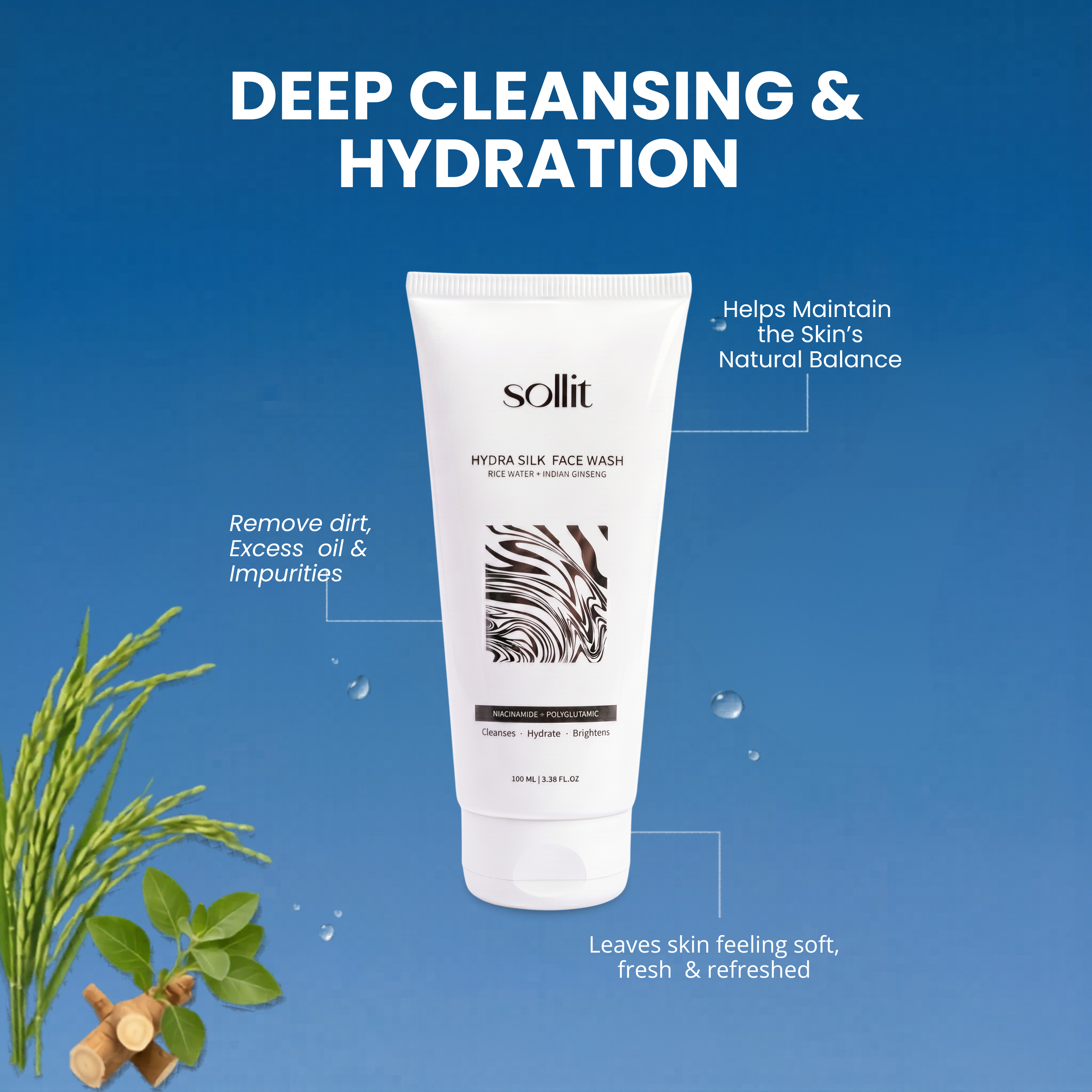 Sollit Hydra Silk Face Wash with Rice Water & Indian Ginseng | Niacinamide + Polyglutamic Acid Face Cleanser | Hydrating & Brightening Face Wash | 100ml