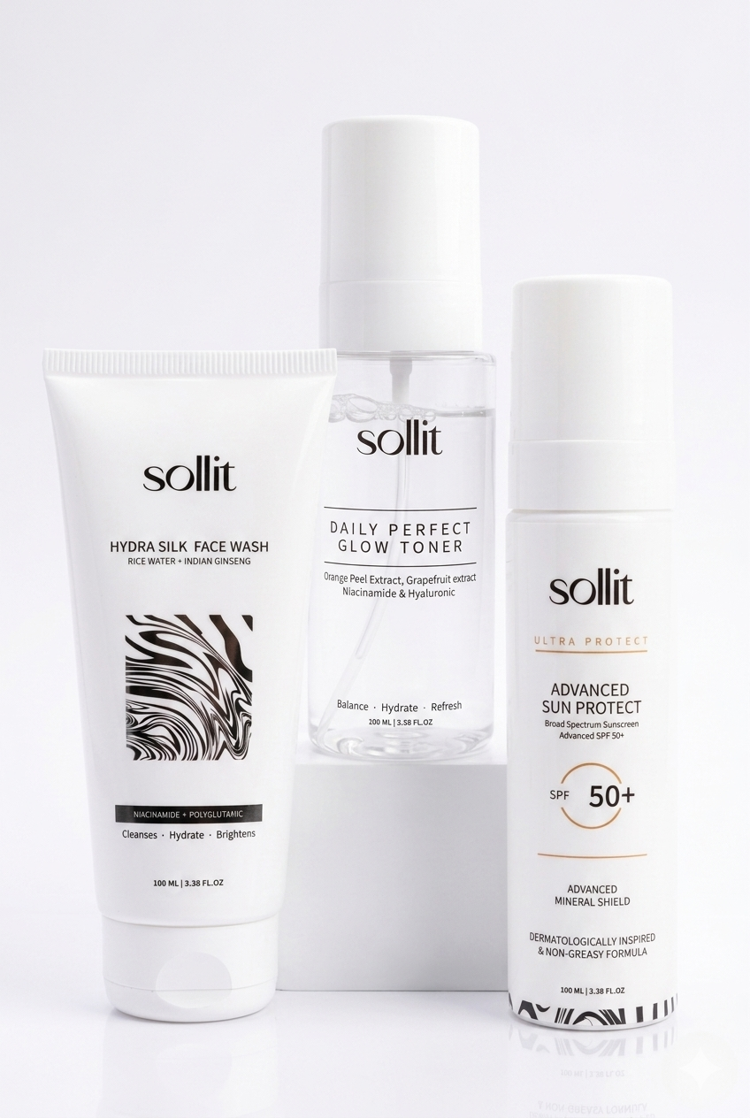 Sollit Complete Daily Skincare Kit | Face Wash + Toner + SPF 50+ Sunscreen Spray | Cleanse, Hydrate & Protect