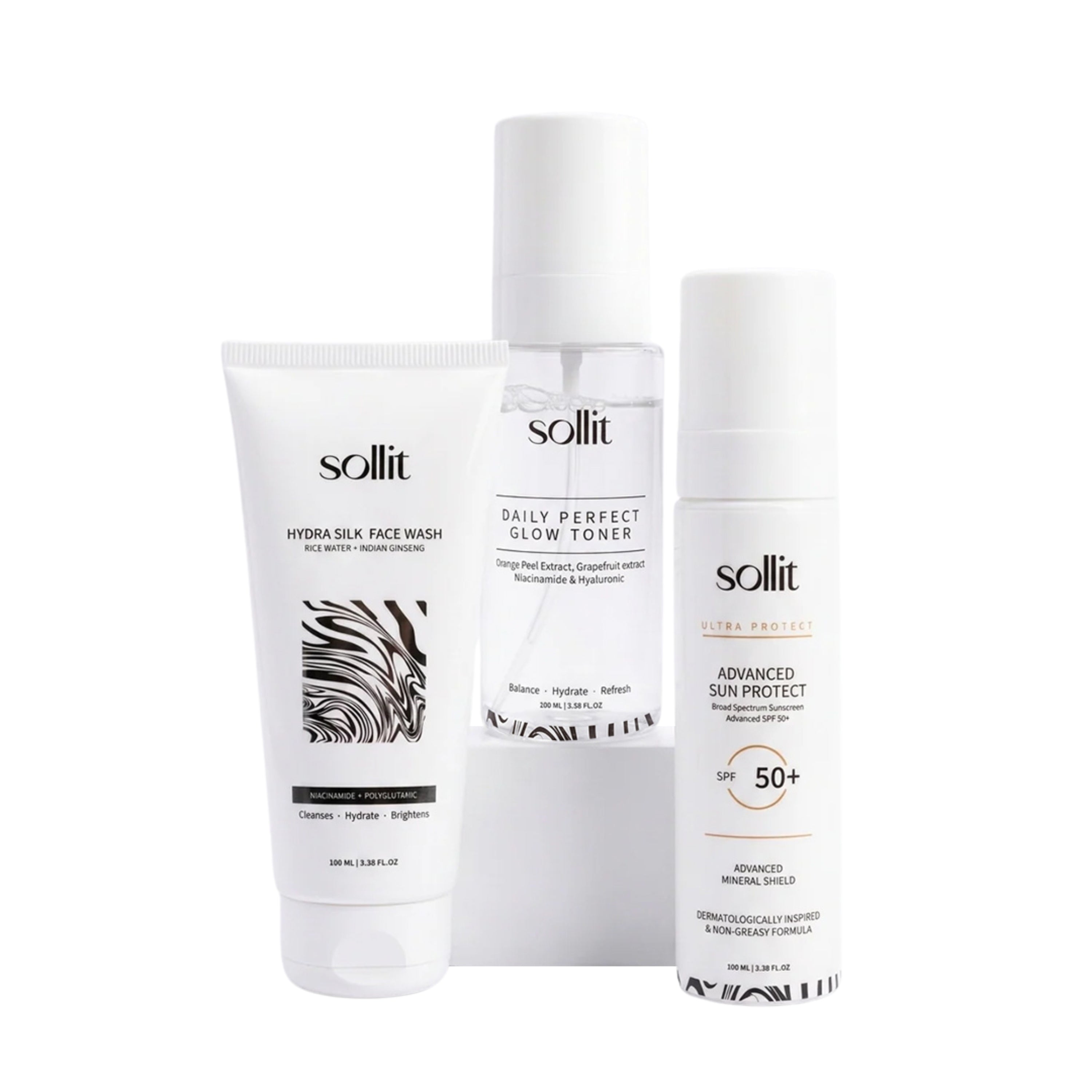 Sollit Complete Daily Skincare Kit | Face Wash + Toner + SPF 50+ Sunscreen Spray | Cleanse, Hydrate & Protect